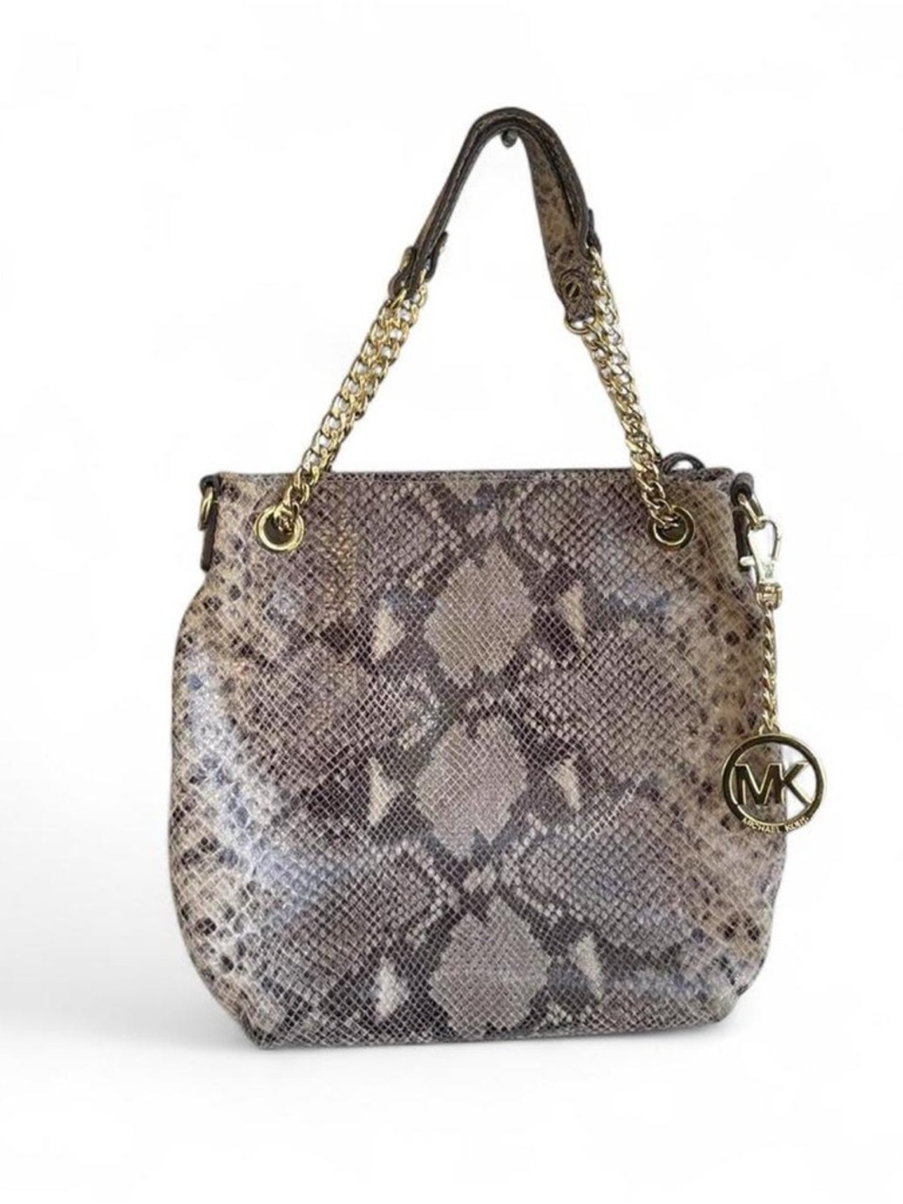 Michael Kors Snakeskin Print Shoulder Bag – Gold Chain Strap MK Charm Tote - Picture 3 of 8